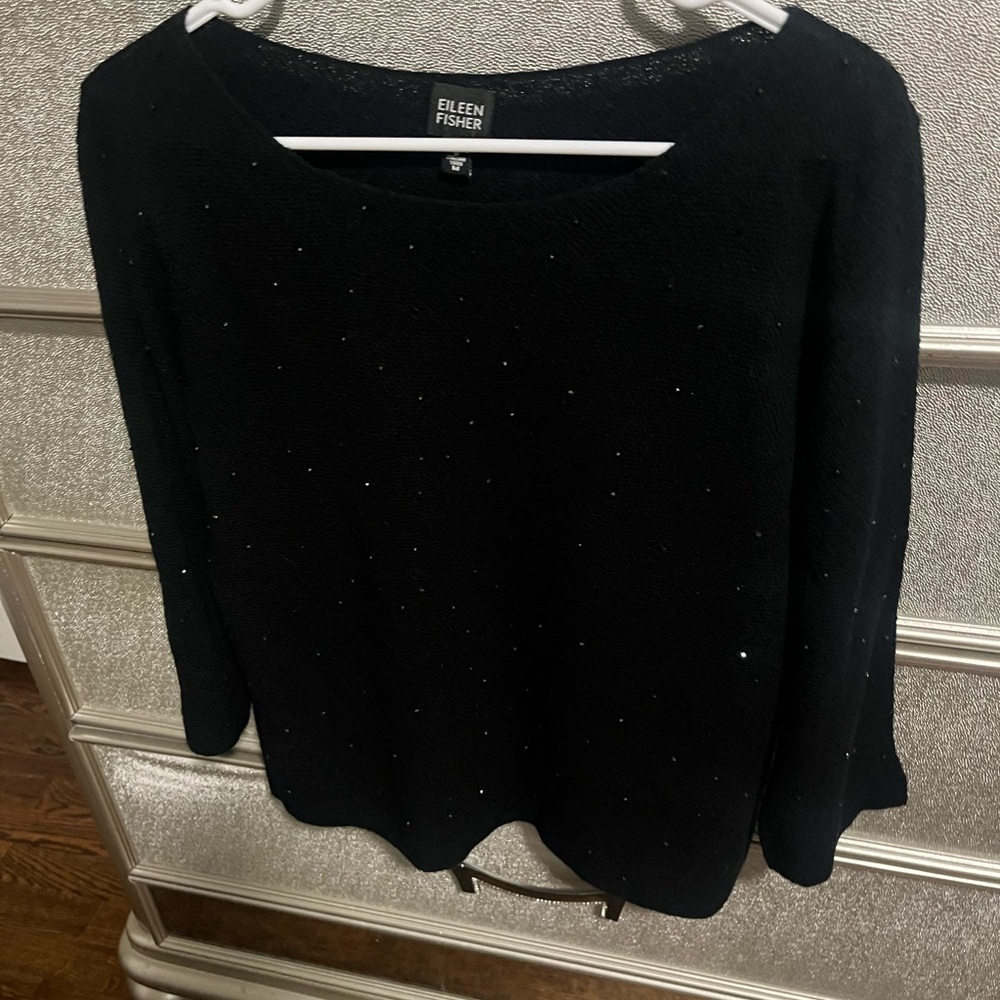 Eileen Fisher Black Sweater with Subtle Sparkle 100% merino wool